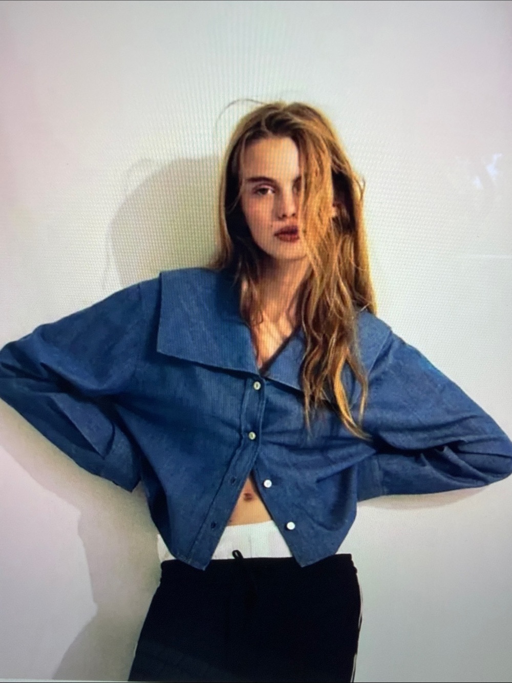 Zara Denim Effects Button-Front Sailor Collar Shirt - Blue XS